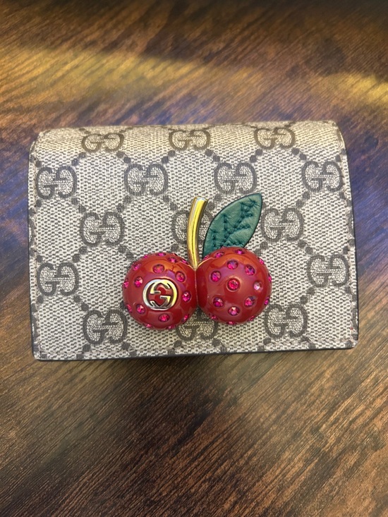 Gucci Handbags - Gucci Beige GG Monogram Card Holder with Red Jeweled Cherry